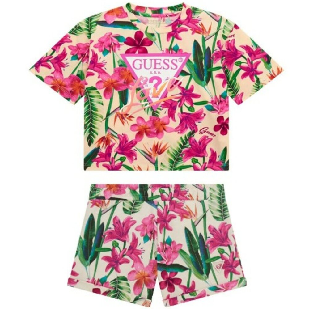 NWT. GUESS Big Girls Short Sleeve All Over Print T-Shirt & Active Shorts Set